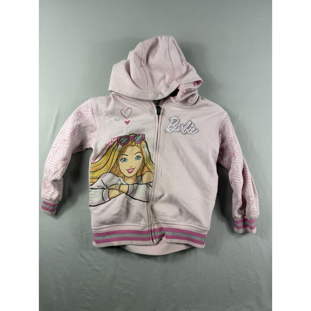 preloved pink and glitter full zip Barbie hoodie, girl's 7